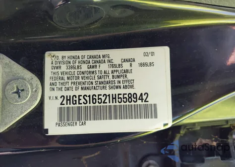 2001 Honda Civic Lx from USA, damaged, VIN 2HGES16521H558942